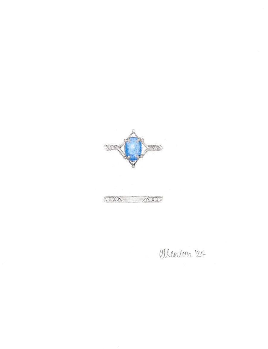 Cabochon Oval Blue Sapphire & Diamond Engagement Wedding Ring Set in Platinum