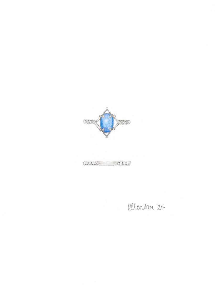 Cabochon Oval Blue Sapphire & Diamond Engagement Wedding Ring Set in Platinum