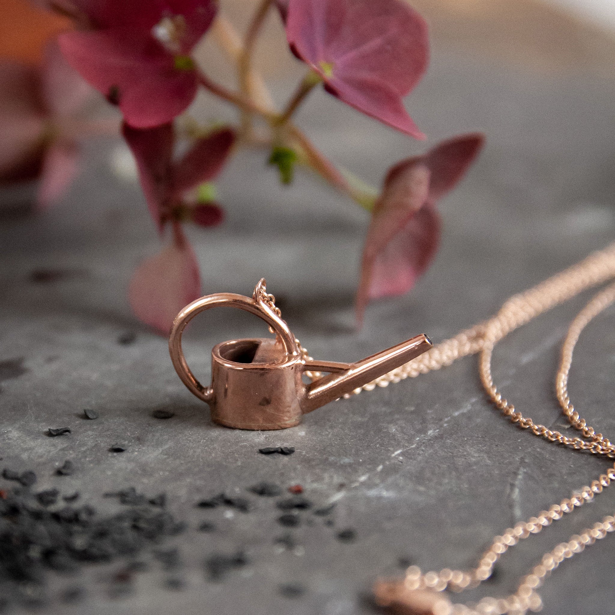 Ellen Lou Gardening Jewellery 9ct Rose Gold Watering Can Necklace